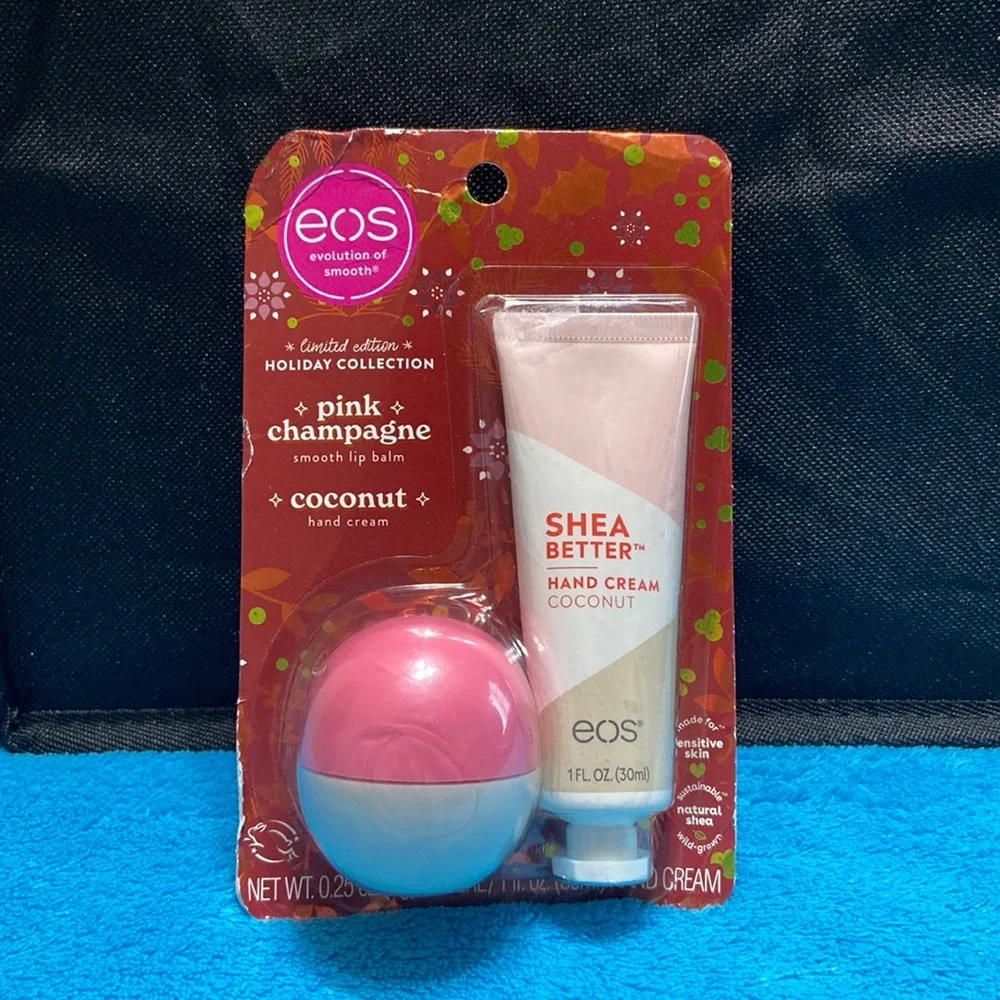 eos lip balm and hand cream set.